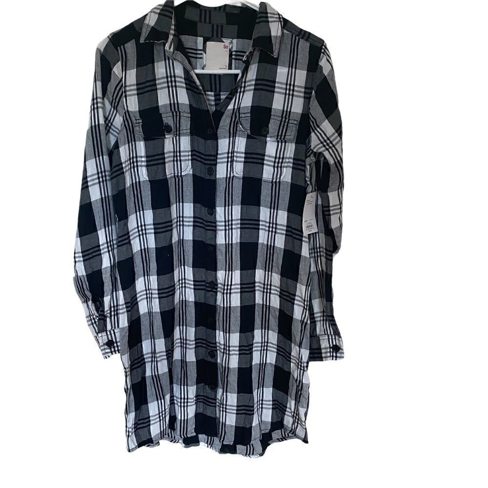 So NEW plaid tunic dress long sleeve black white small